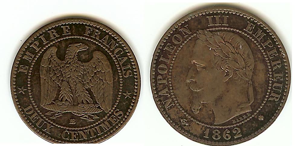 2 Centimes Napoléon III 1862BB Strasbourg AU+